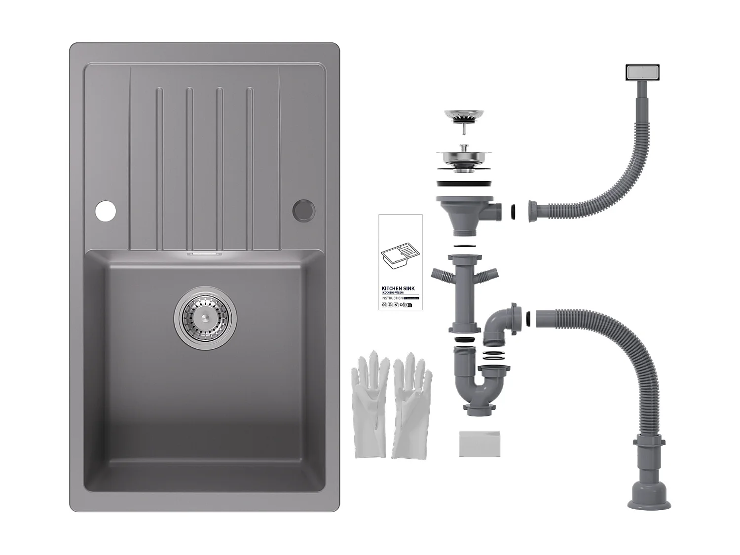 Cecipa max Evier de Cuisine avec Egouttoir Evier 1 Bac en Quartz et Résine 78x45cm Evier Cuisine en Granit Gris!!!,EU Modèle