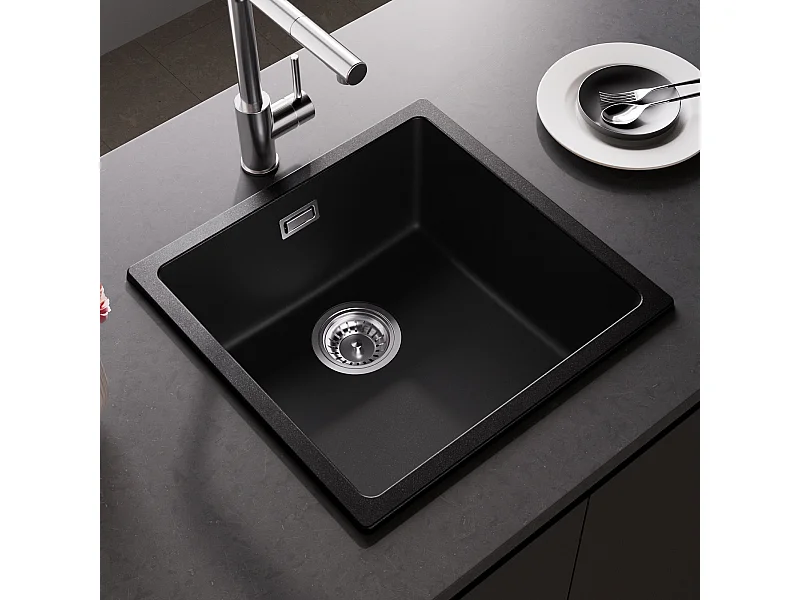 Evier en Quartz et Résine CECIPA MAX Evier de Cuisine Noir Gris 45x44cm, Evier 1 Bac à Poser/à Encastrer/Sous-plan