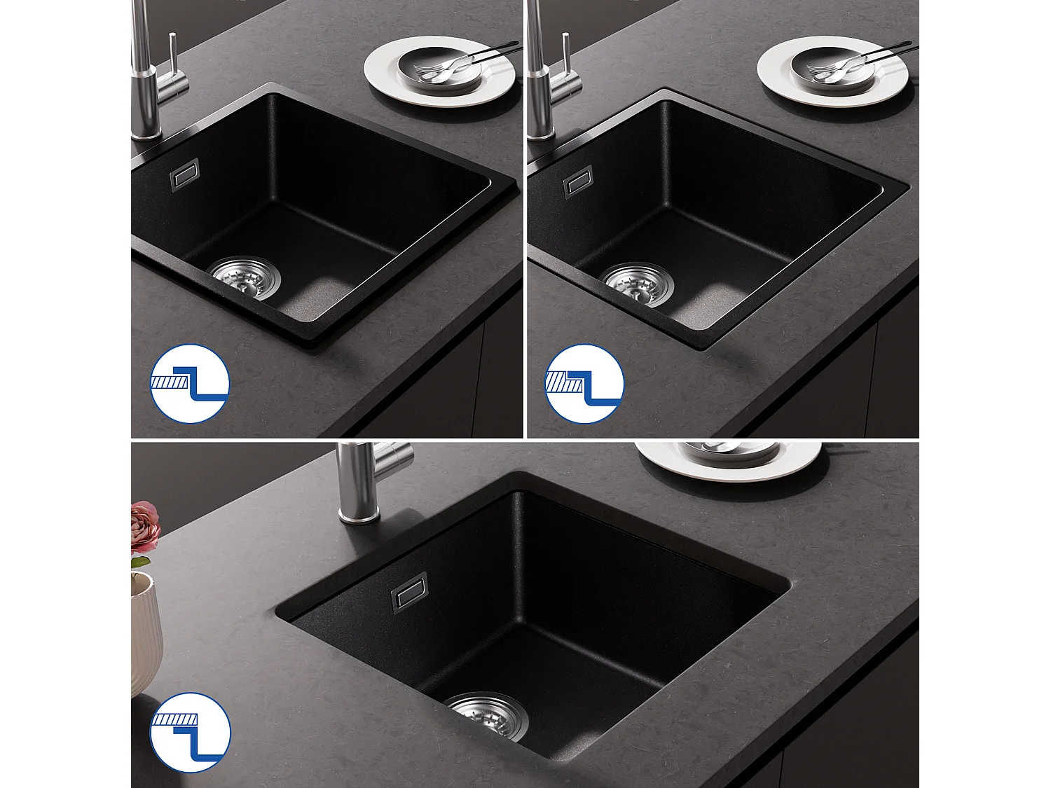 Evier en Quartz et Résine CECIPA MAX Evier de Cuisine Noir Gris 45x44cm, Evier 1 Bac à Poser/à Encastrer/Sous-plan