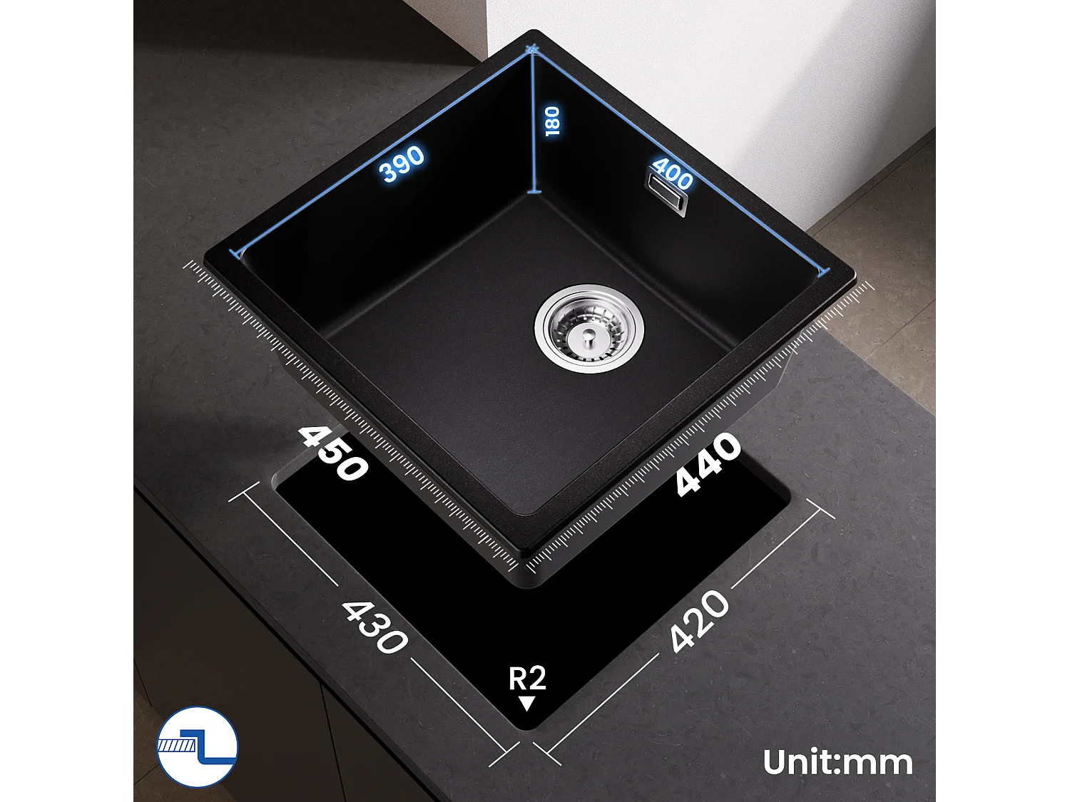 Evier en Quartz et Résine CECIPA MAX Evier de Cuisine Noir Gris 45x44cm, Evier 1 Bac à Poser/à Encastrer/Sous-plan