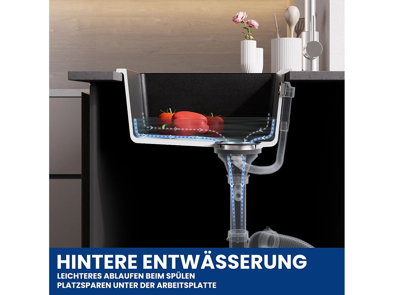 Evier en Quartz et Résine CECIPA MAX Evier de Cuisine Noir Gris 45x44cm, Evier 1 Bac à Poser/à Encastrer/Sous-plan