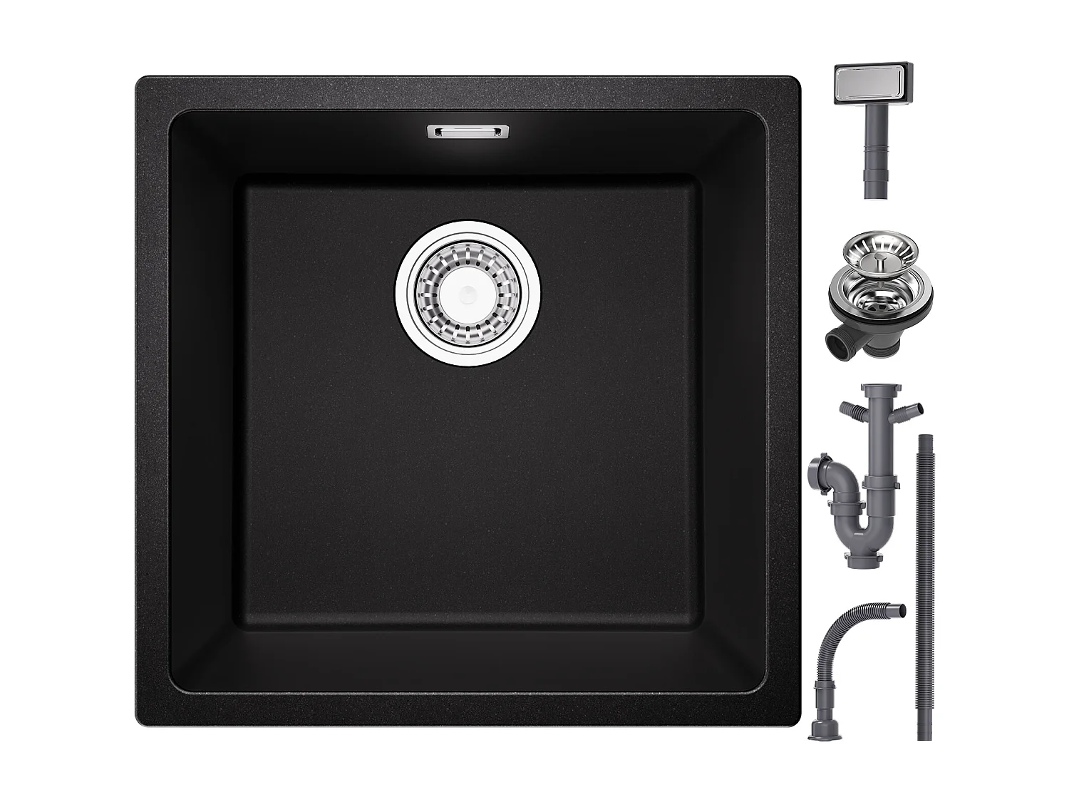 Evier en Quartz et Résine CECIPA MAX Evier de Cuisine Noir Gris 45x44cm, Evier 1 Bac à Poser/à Encastrer/Sous-plan