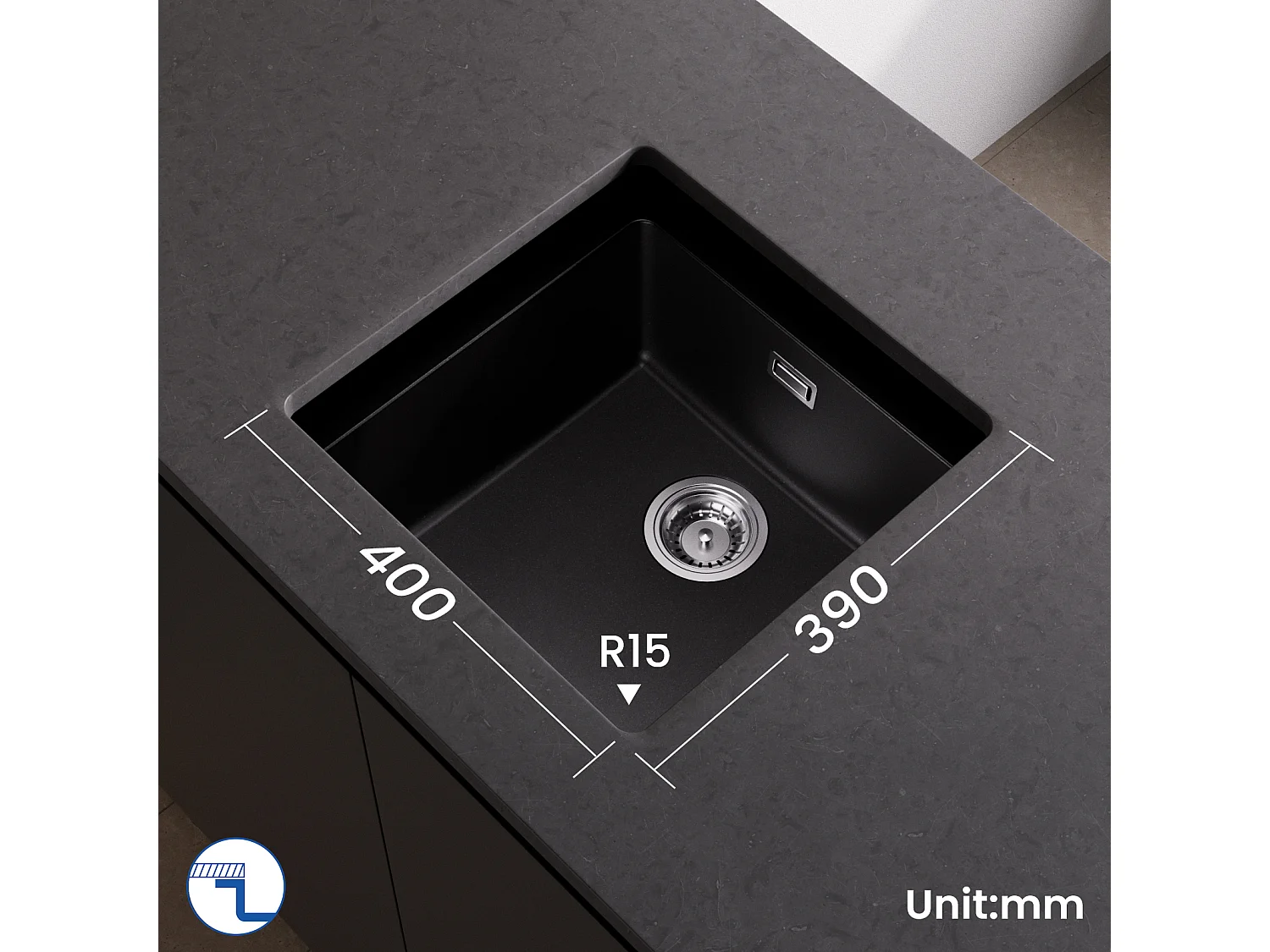 Evier en Quartz et Résine CECIPA MAX Evier de Cuisine Noir Gris 45x44cm, Evier 1 Bac à Poser/à Encastrer/Sous-plan