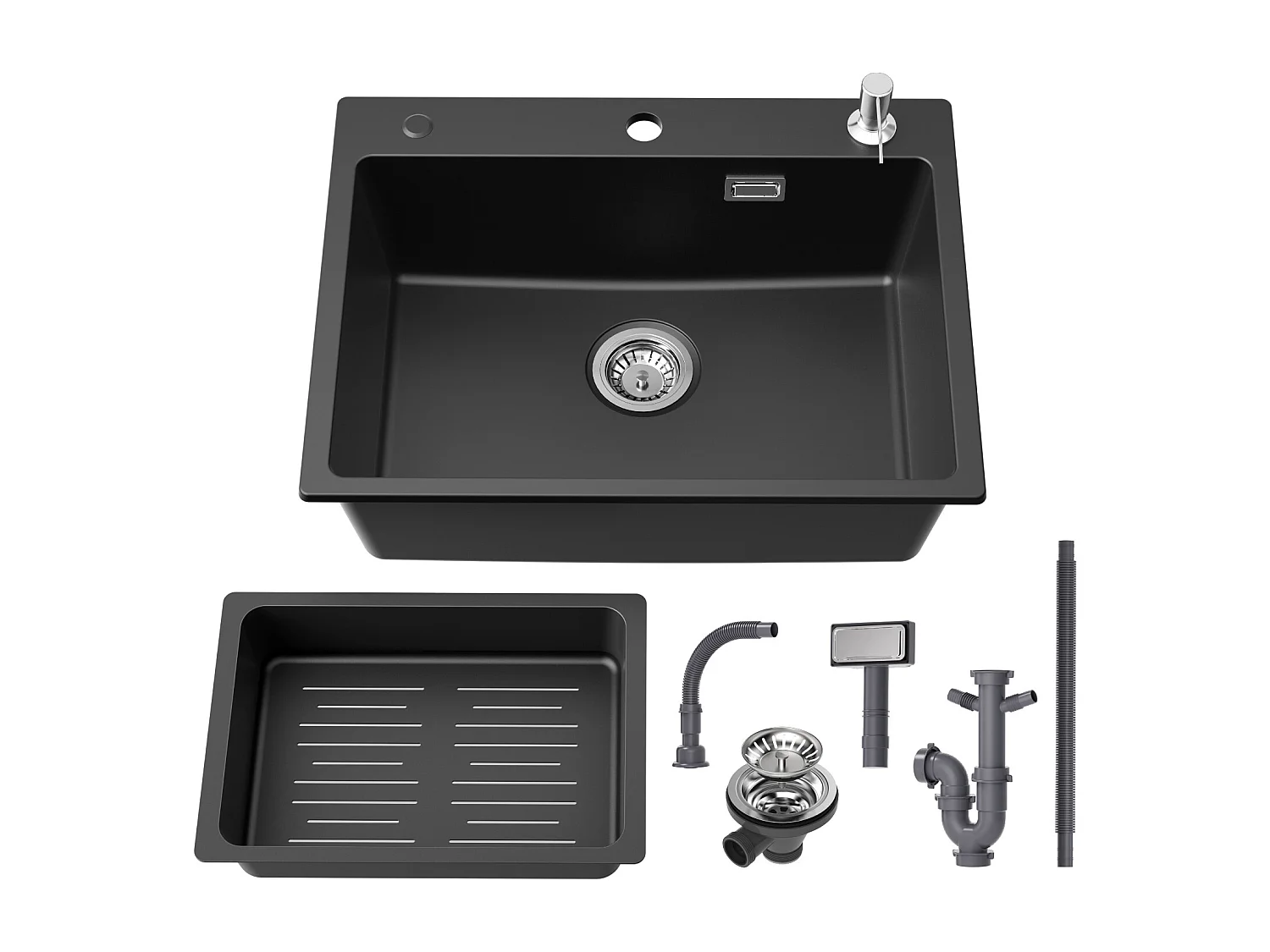 Cecipa max Evier en Quartz et Résine avec Panier de Vidange et Distributeur de Savon Gratuits, Evier 1 Bac 60*45*20cm, Noir,EU Modèle