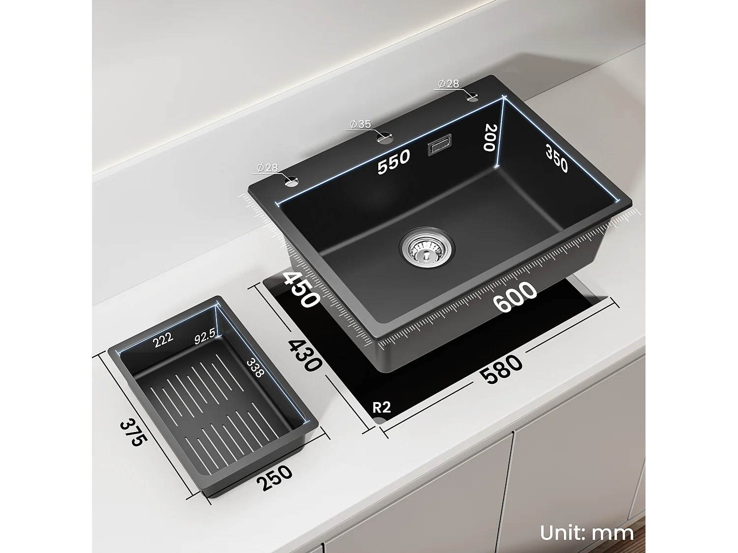 Cecipa max Evier en Quartz et Résine avec Panier de Vidange et Distributeur de Savon Gratuits, Evier 1 Bac 60*45*20cm, Noir,EU Modèle