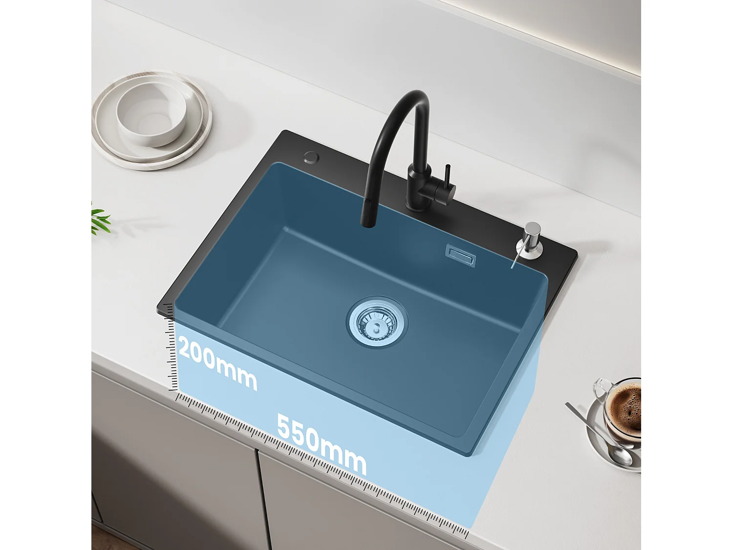 Cecipa max Evier en Quartz et Résine avec Panier de Vidange et Distributeur de Savon Gratuits, Evier 1 Bac 60*45*20cm, Noir,EU Modèle