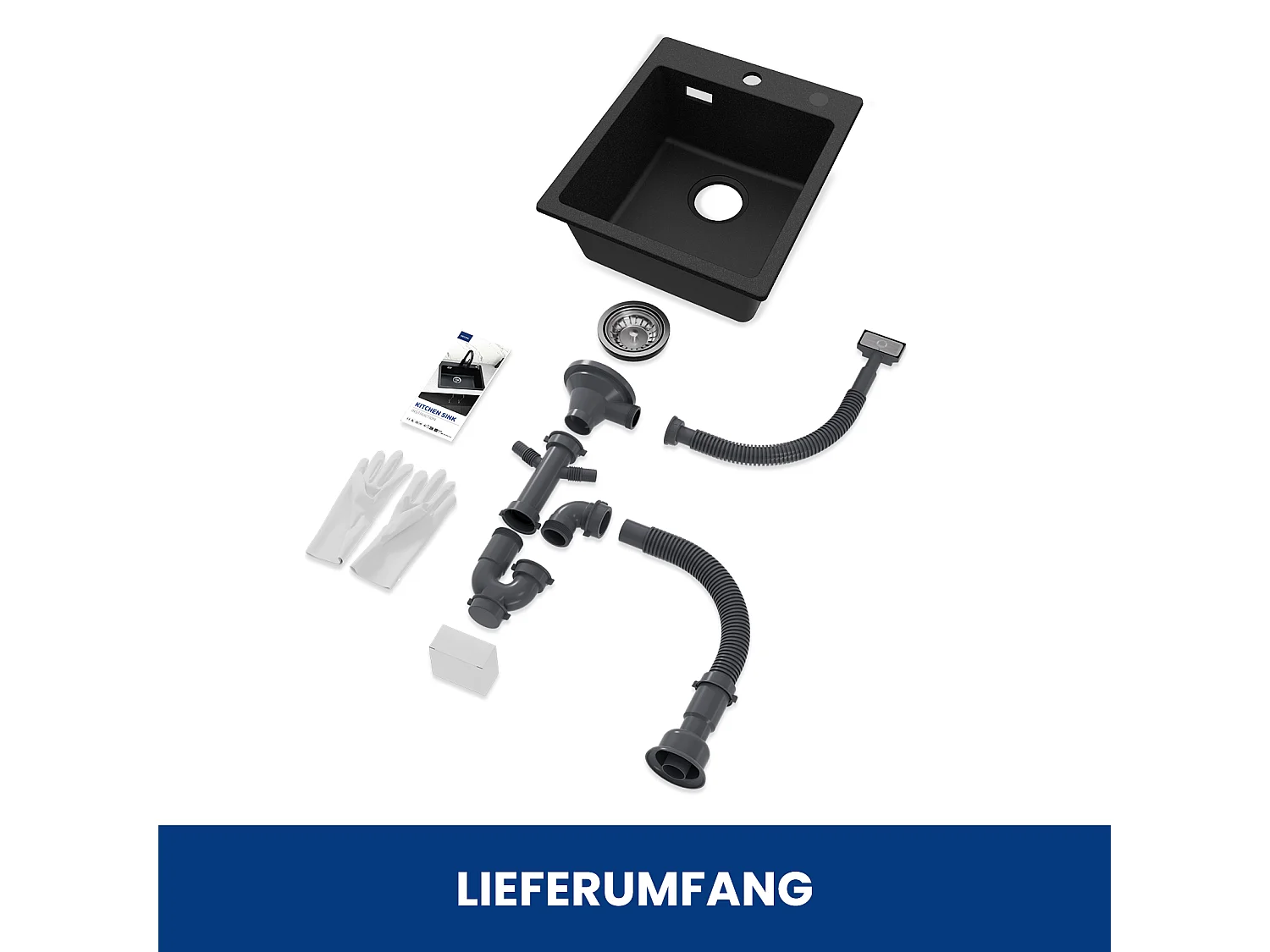 Fregadero Cecipa max 40x45cm en Cuarzo y Resina Fregadero bajo encimera de 1 seno Fregadero de 1 seno sin dosificador de jabón Negro, Modelo UE