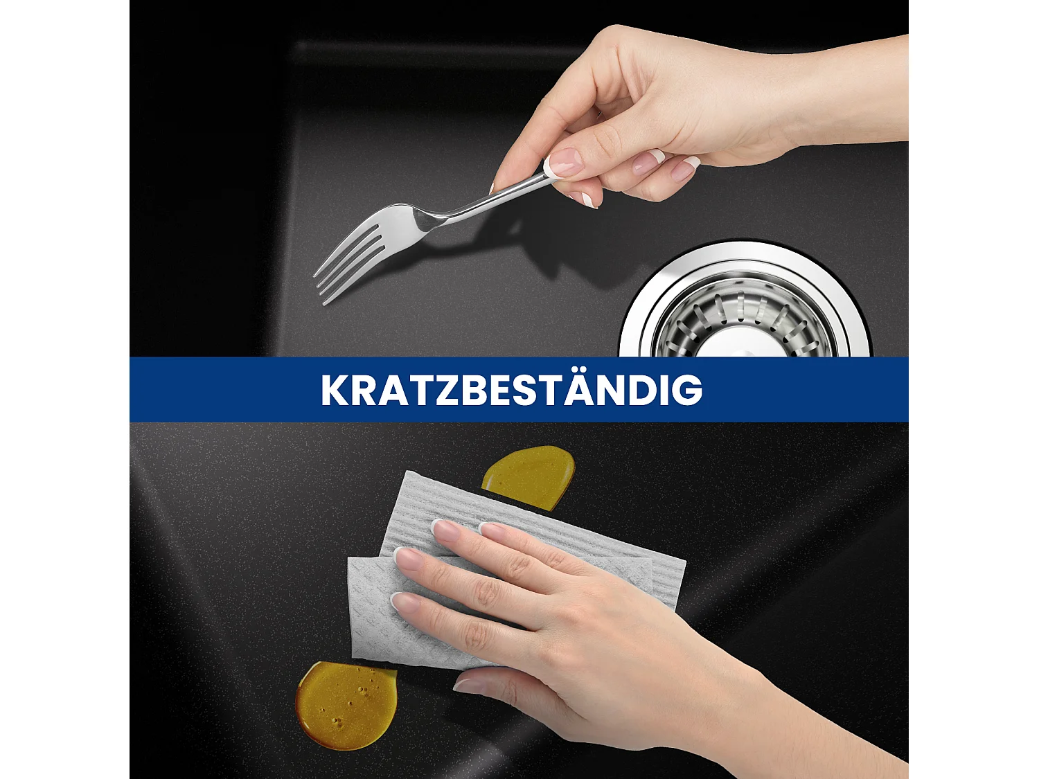 Fregadero Cecipa max 40x45cm en Cuarzo y Resina Fregadero bajo encimera de 1 seno Fregadero de 1 seno sin dosificador de jabón Negro, Modelo UE