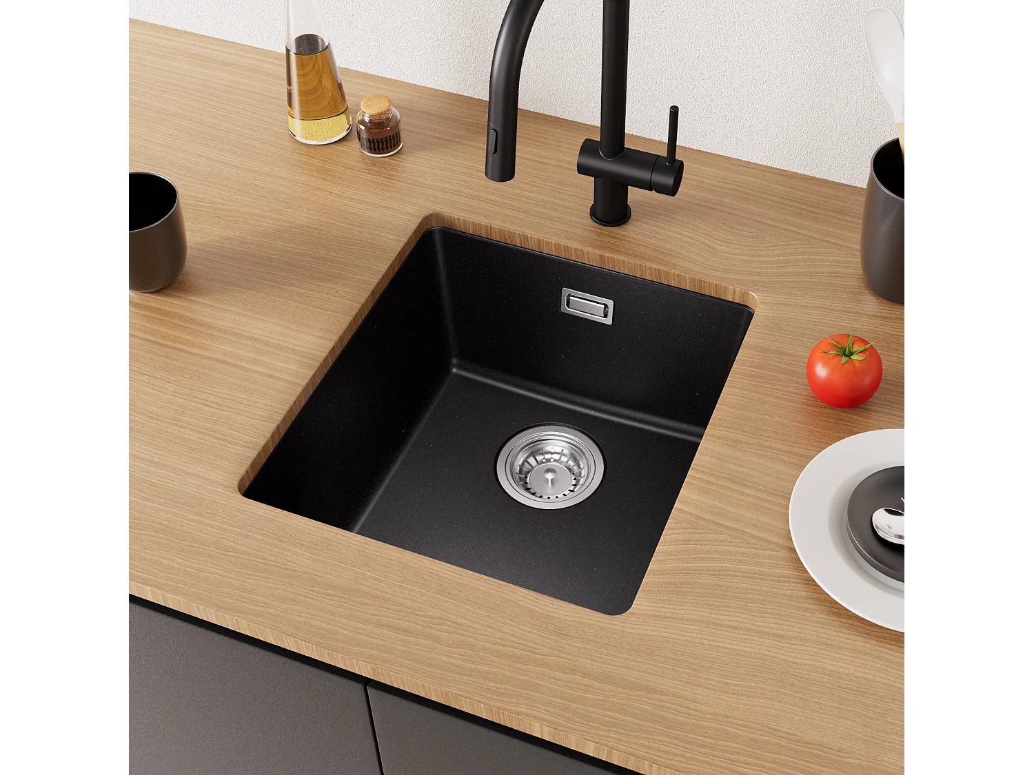 Evier en Quartz et Résine CECIPA MAX Evier de Cuisine Noir Gris 40x44cm, Evier 1 Bac à Poser/à Encastrer/Sous-plan