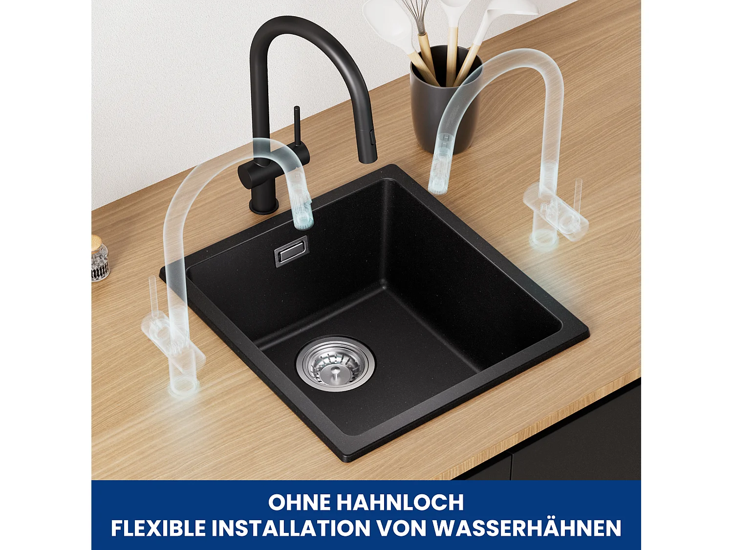 Evier en Quartz et Résine CECIPA MAX Evier de Cuisine Noir Gris 40x44cm, Evier 1 Bac à Poser/à Encastrer/Sous-plan