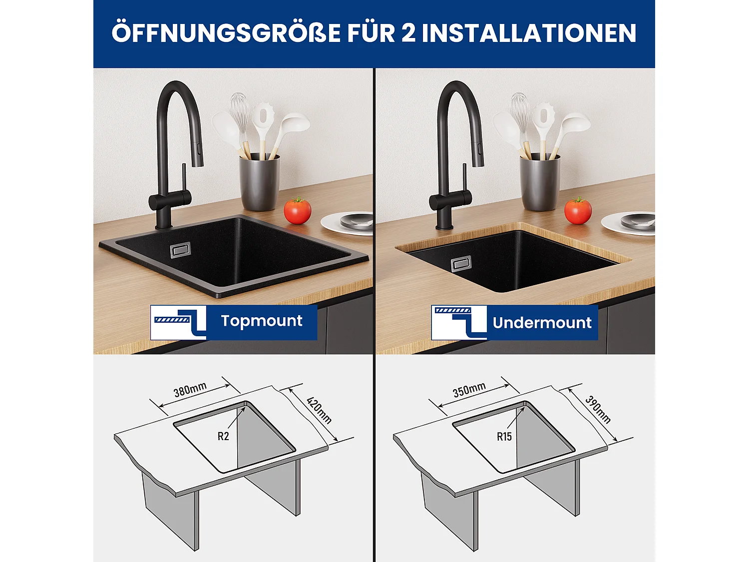 Evier en Quartz et Résine CECIPA MAX Evier de Cuisine Noir Gris 40x44cm, Evier 1 Bac à Poser/à Encastrer/Sous-plan