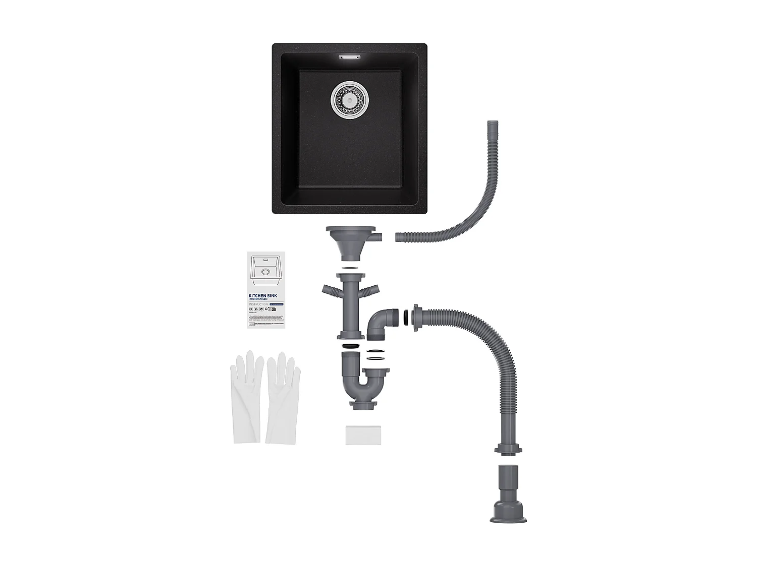 Evier en Quartz et Résine CECIPA MAX Evier de Cuisine Noir Gris 40x44cm, Evier 1 Bac à Poser/à Encastrer/Sous-plan