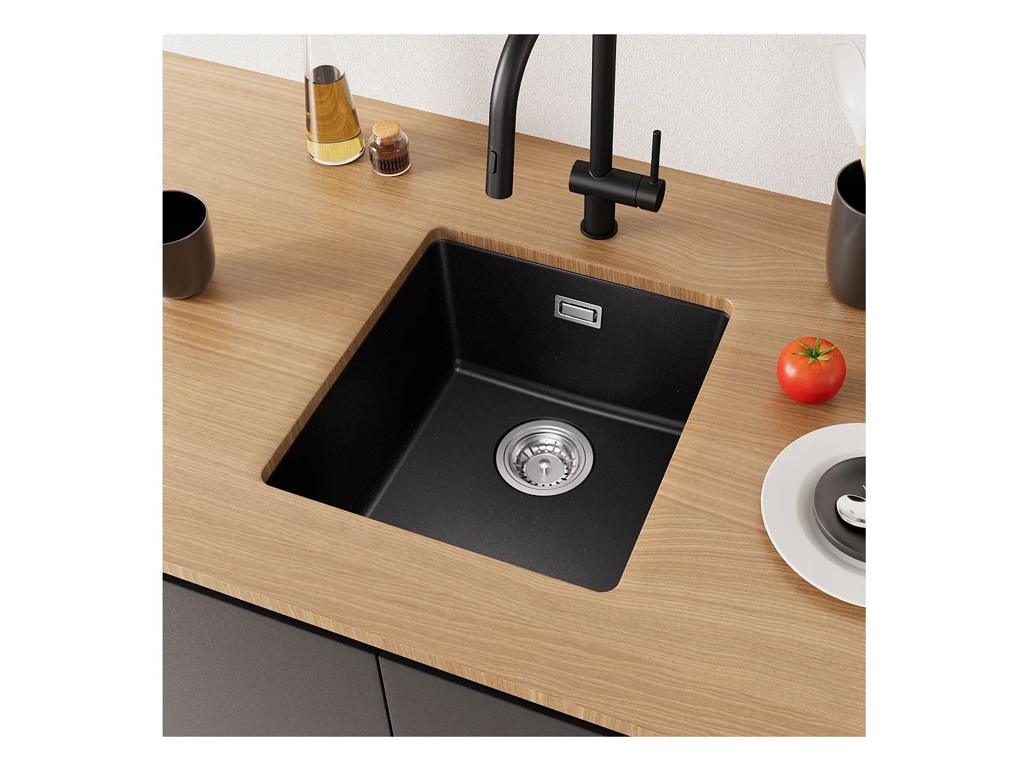 Evier en Quartz et Résine CECIPA MAX Evier de Cuisine Noir Gris 40x44cm, Evier 1 Bac à Poser/à Encastrer/Sous-plan