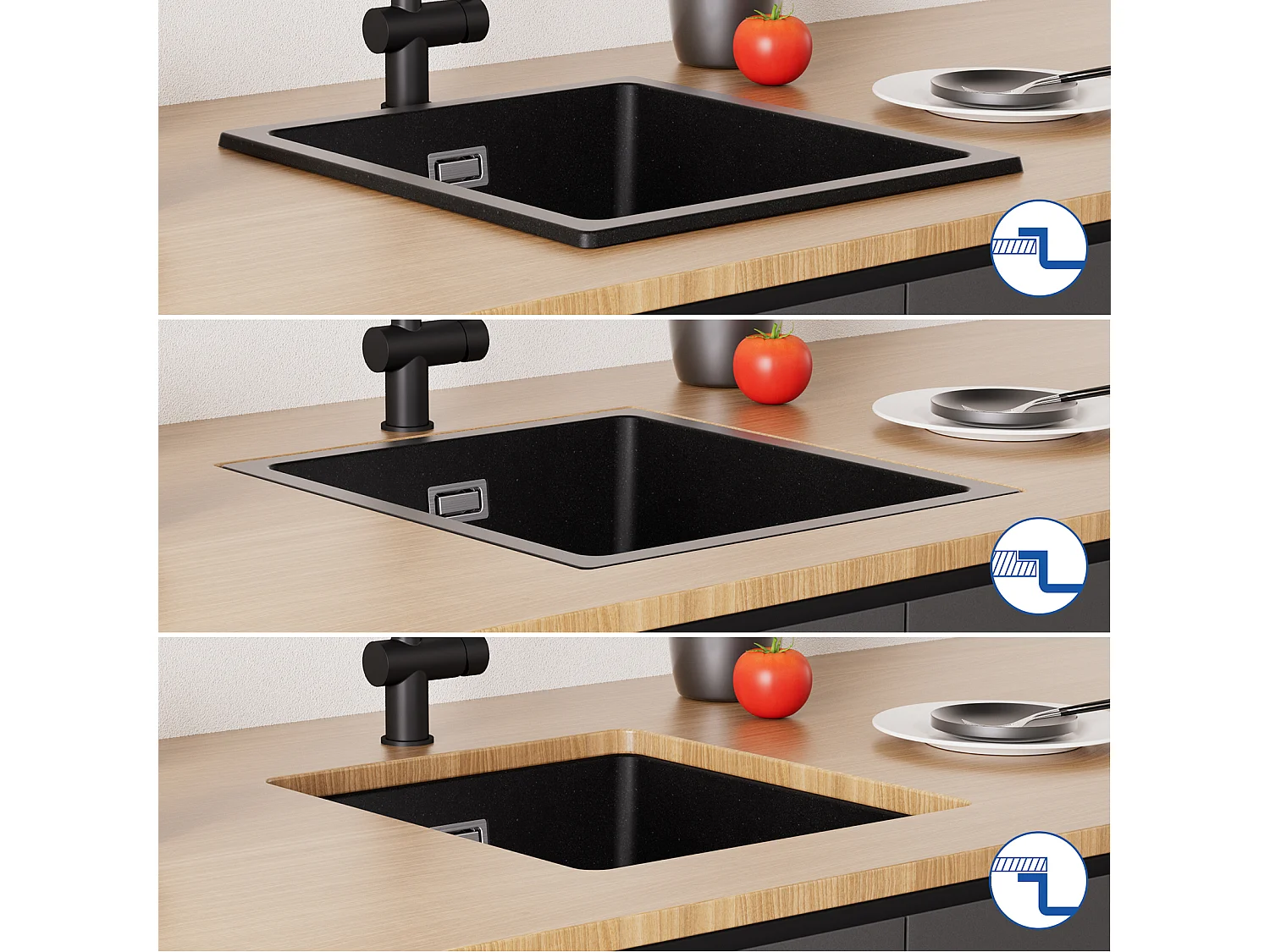 Evier en Quartz et Résine CECIPA MAX Evier de Cuisine Noir Gris 40x44cm, Evier 1 Bac à Poser/à Encastrer/Sous-plan