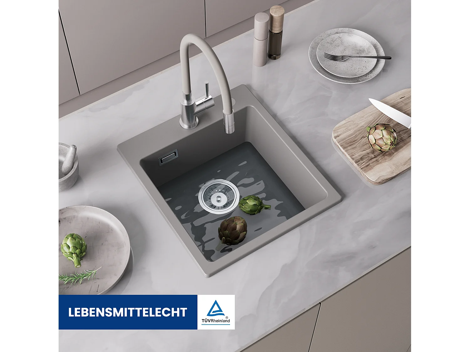 Cecipa max 40x45cm Gris Evier de Cuisine en Quartz et Résine Evier 1 Bac à Encastrer Evier de Cuisine 1 cuve Sans Distributeur de Savon,EU Modèle