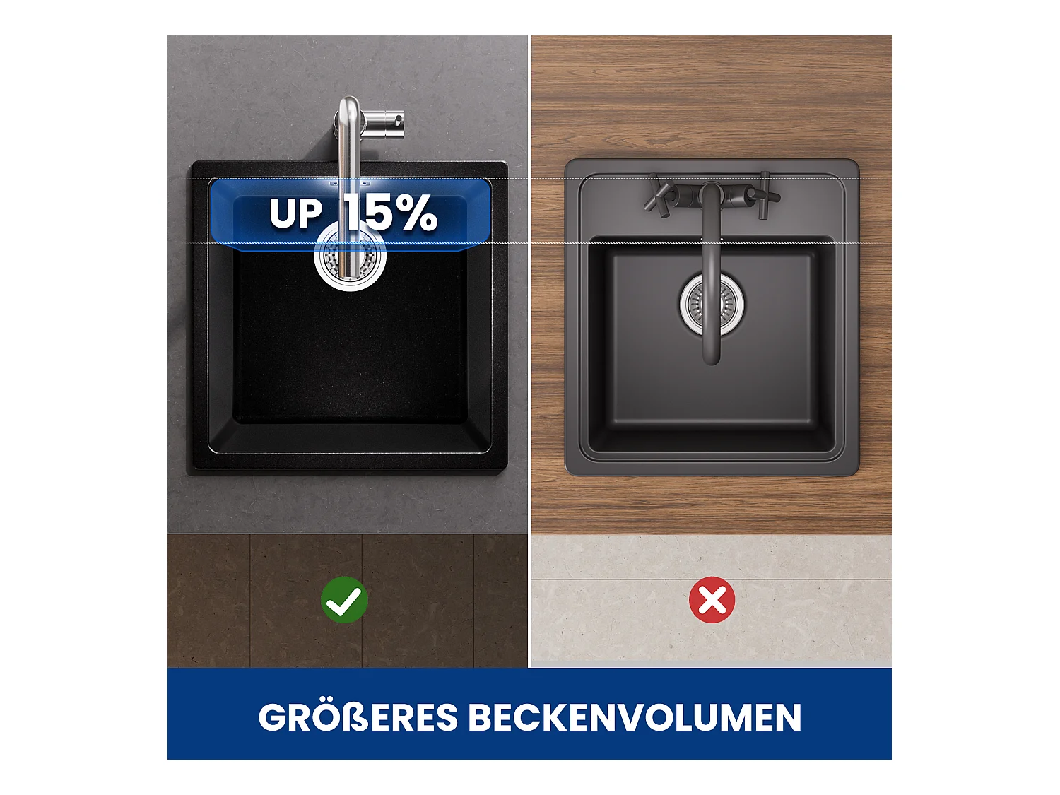 CECIPA MAX 1 spoelbak in kwarts en hars, aanrecht in zwartgrijs graniet, kwartsspoelbak 3 montagemogelijkheden, 45*44*20cm