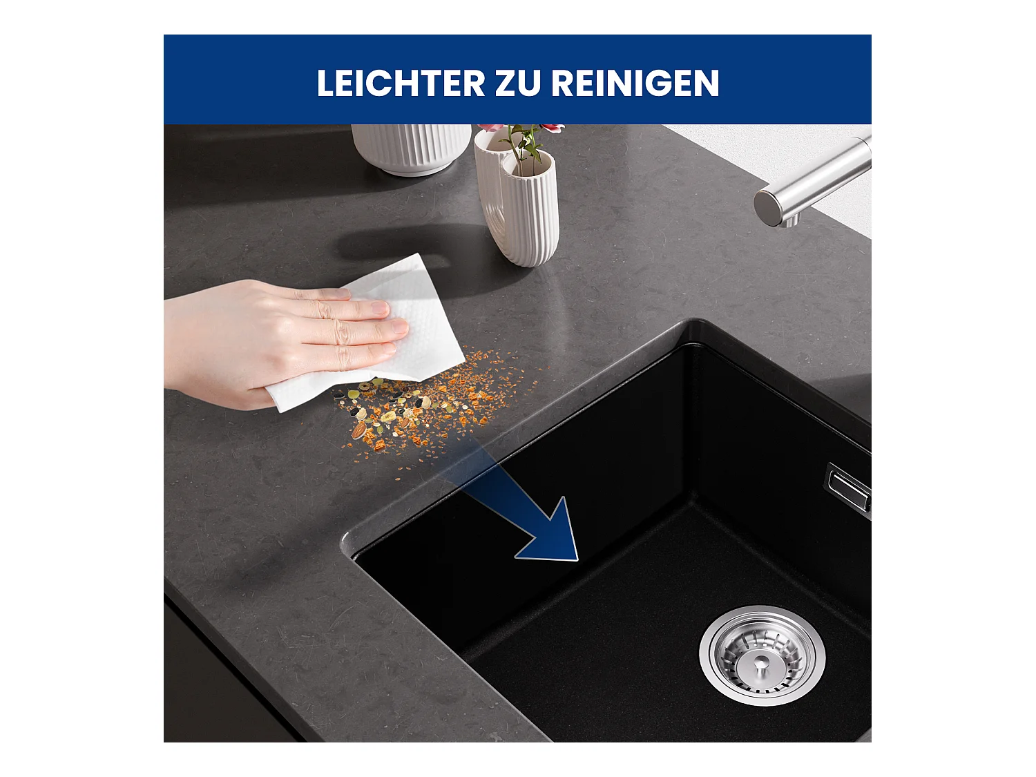 CECIPA MAX 1 spoelbak in kwarts en hars, aanrecht in zwartgrijs graniet, kwartsspoelbak 3 montagemogelijkheden, 45*44*20cm