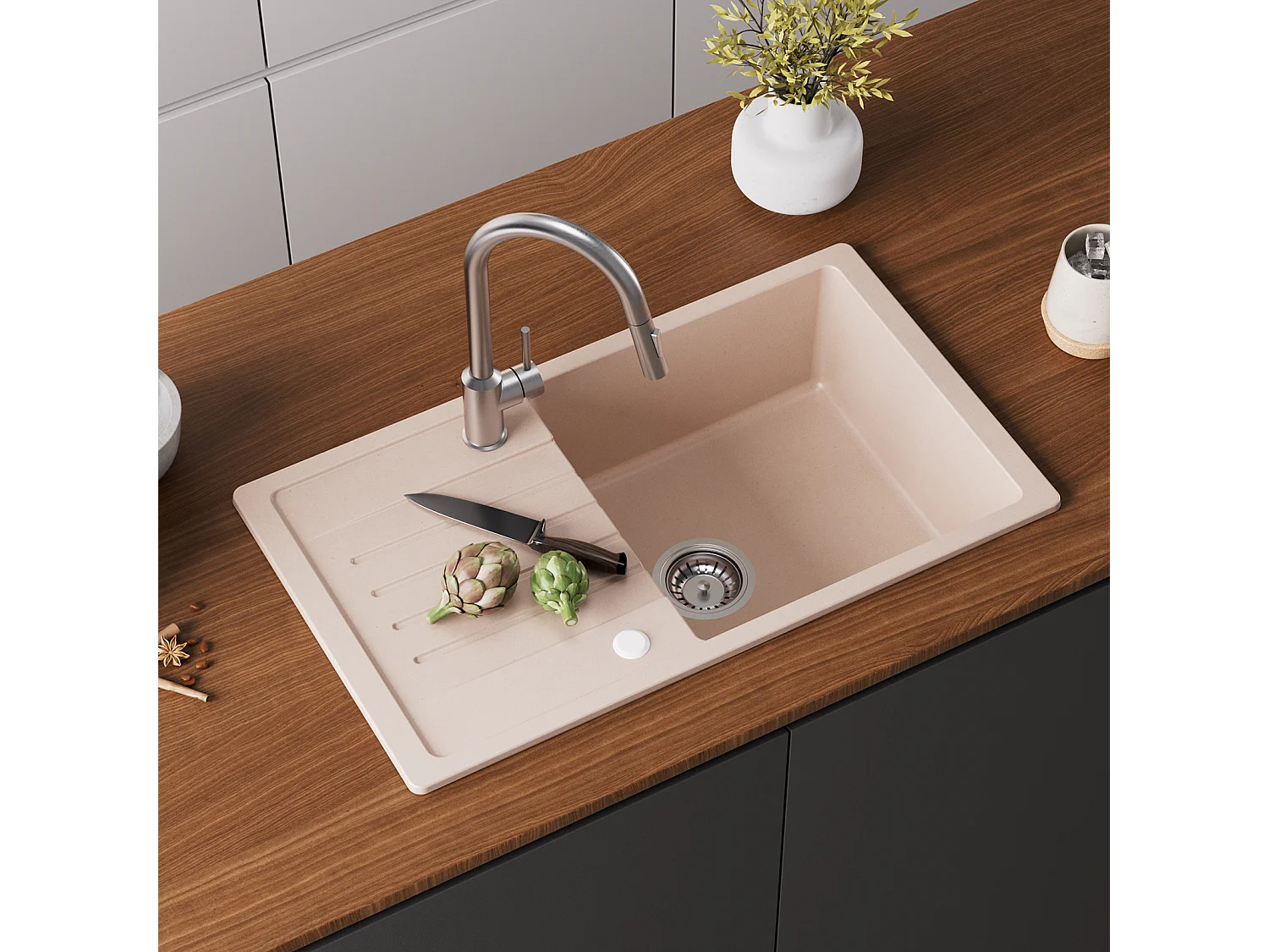 Lavello Cecipa max 1 vasca con gocciolatoio 78x45cm Lavello in Quarzo e Resina Colore Avena Lavello da cucina con ripiano, Modello EU