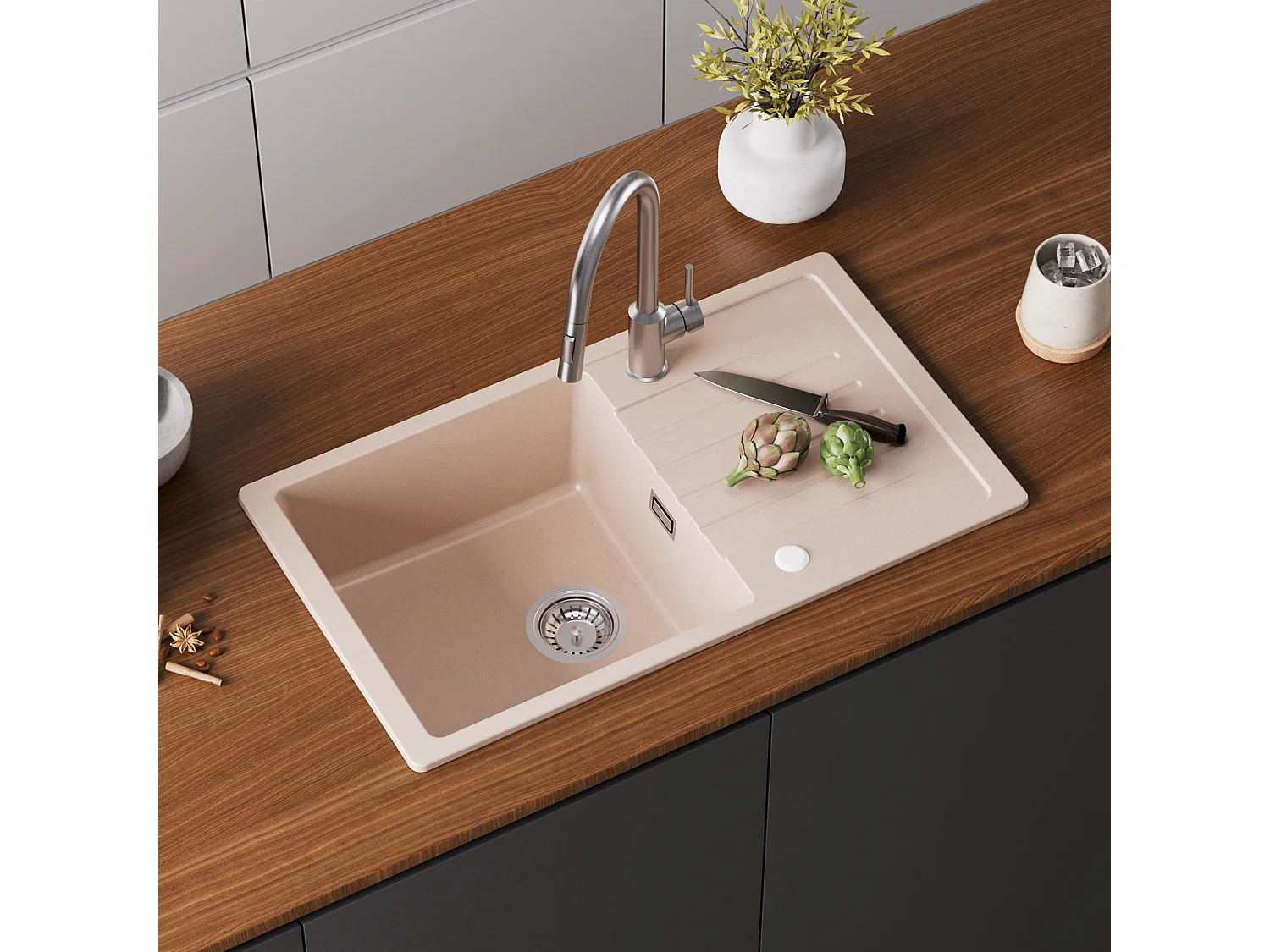 Lavello Cecipa max 1 vasca con gocciolatoio 78x45cm Lavello in Quarzo e Resina Colore Avena Lavello da cucina con ripiano, Modello EU