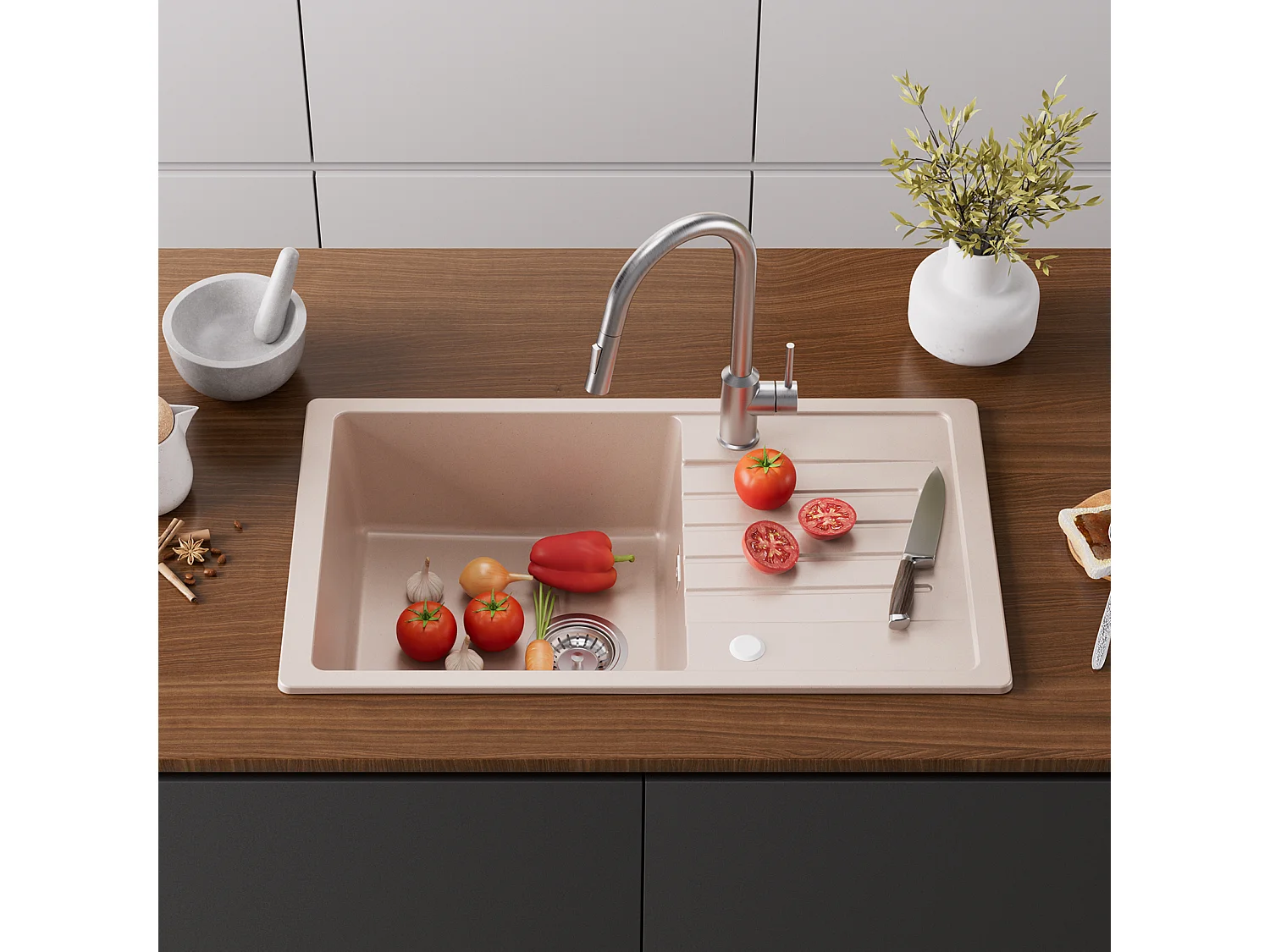 Lavello Cecipa max 1 vasca con gocciolatoio 78x45cm Lavello in Quarzo e Resina Colore Avena Lavello da cucina con ripiano, Modello EU