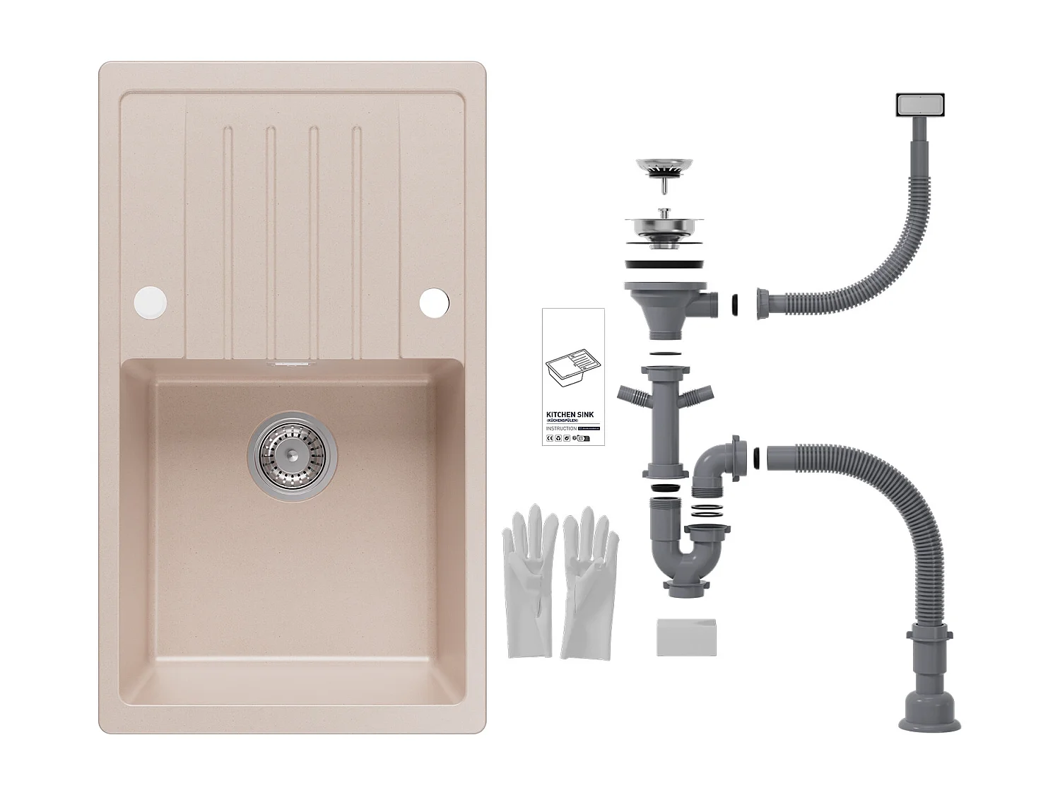 Lavello Cecipa max 1 vasca con gocciolatoio 78x45cm Lavello in Quarzo e Resina Colore Avena Lavello da cucina con ripiano, Modello EU