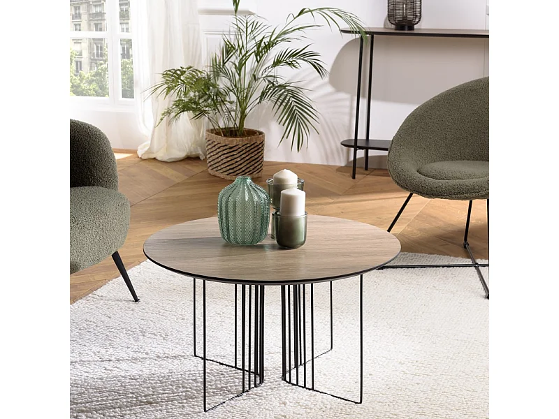 JULIA - Table basse biseautée pieds graphique 70x70cm bois marron