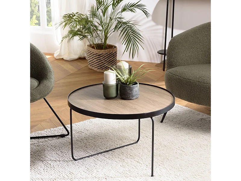 JULIA - Table basse ronde 60x60cm bois, pieds asymétriques marron