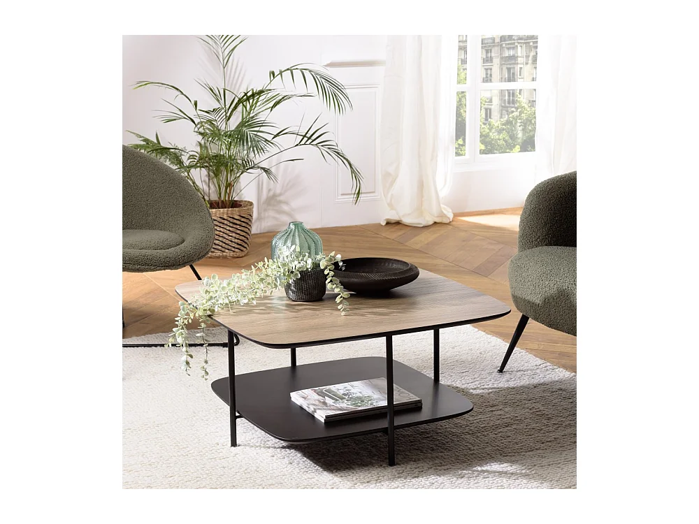 JULIA - Table basse 2 plateaux MM bi-matière mocha/noir pieds métal
