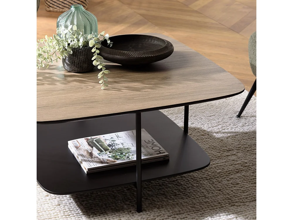 JULIA - Table basse 2 plateaux 75x75 cm bi-matière bois marron/noir