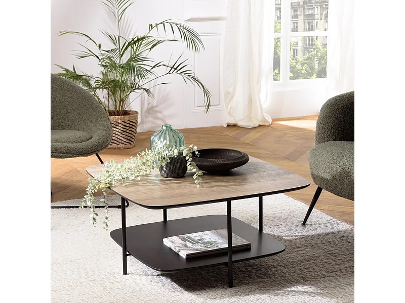 JULIA - Table basse 2 plateaux 75x75 cm bi-matière bois marron/noir
