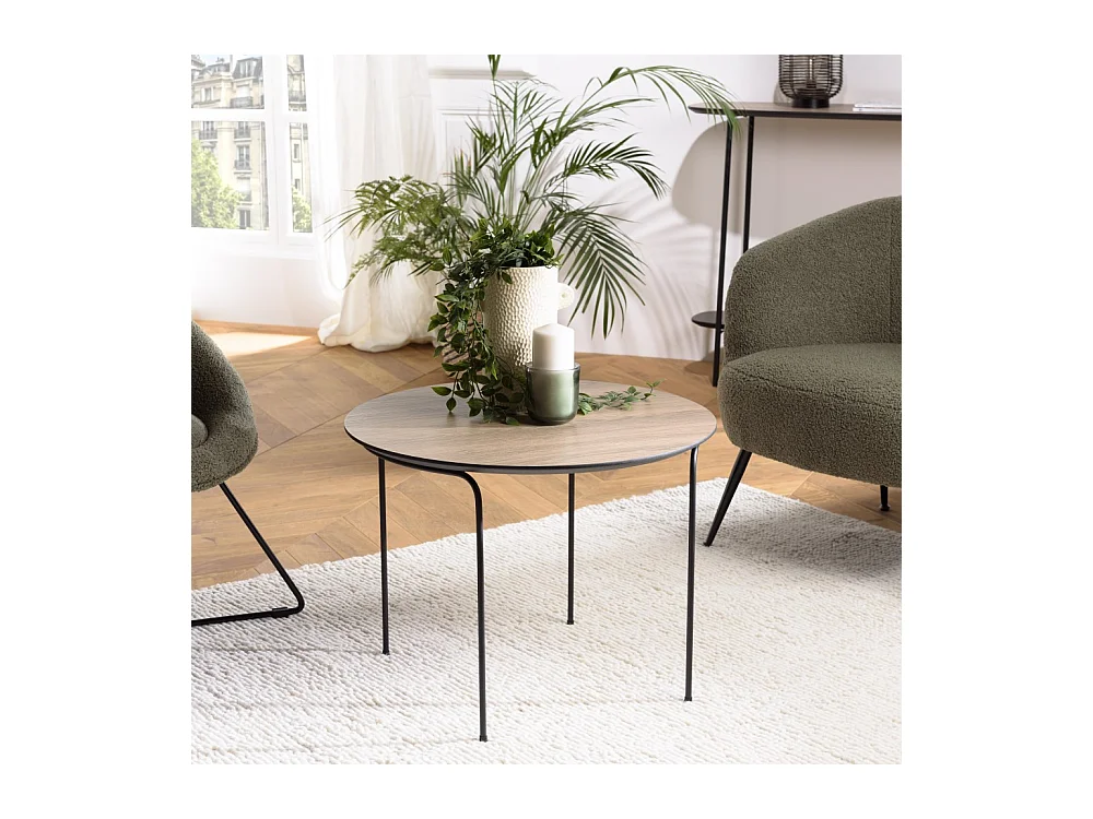 JULIA - Table basse ronde 60x60cm, couleur mocha, pieds métal noir