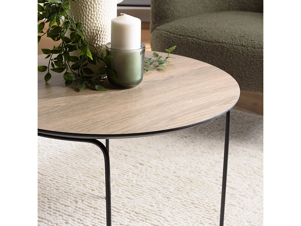 JULIA - Table basse ronde 60x60cm pieds métal noir et bois marron