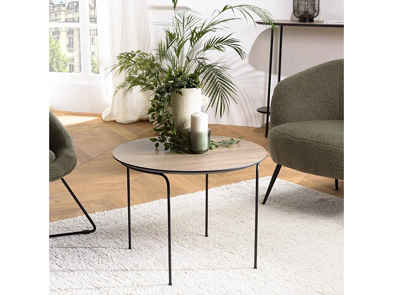 JULIA - Table basse ronde 60x60cm pieds métal noir et bois marron