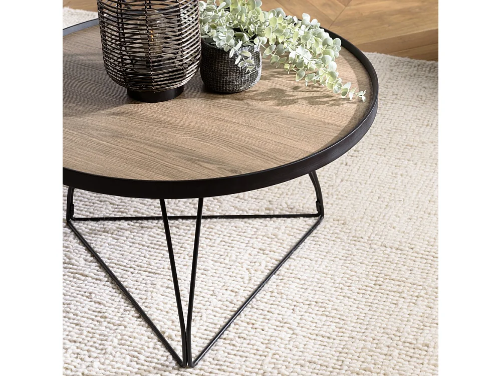 JULIA - Table basse ronde 70x70cm bois marron et pieds épingles noir