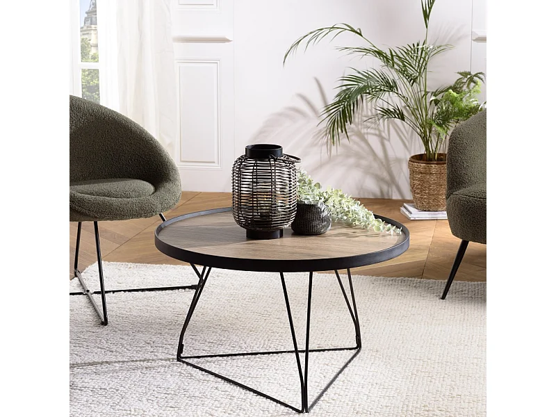 JULIA - Table basse ronde 70x70cm bois marron et pieds épingles noir