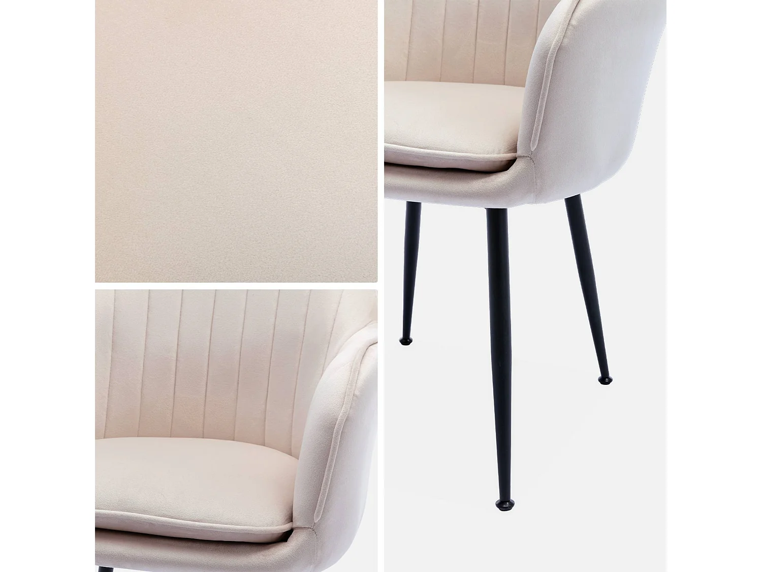 Lot de 4 fauteuils en velours blanc cassé et pieds en métal noir. Shella L 57 x P 59 x H 84.5