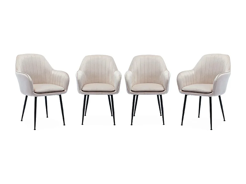 Lot de 4 fauteuils en velours blanc cassé et pieds en métal noir. Shella L 57 x P 59 x H 84.5