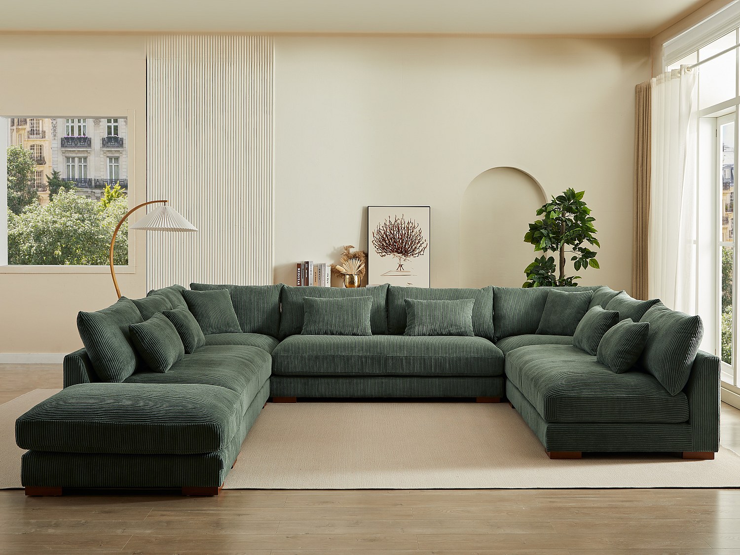 stor panoramisk hjørnesofa og puff i grønn kordfløyel SPERONE fra Pascal Morabito