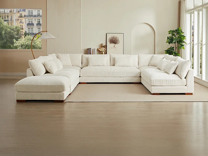 Grande divano angolare panoramico e pouf in Velluto a coste Beige  - SPERONE di PASCAL MORABITO