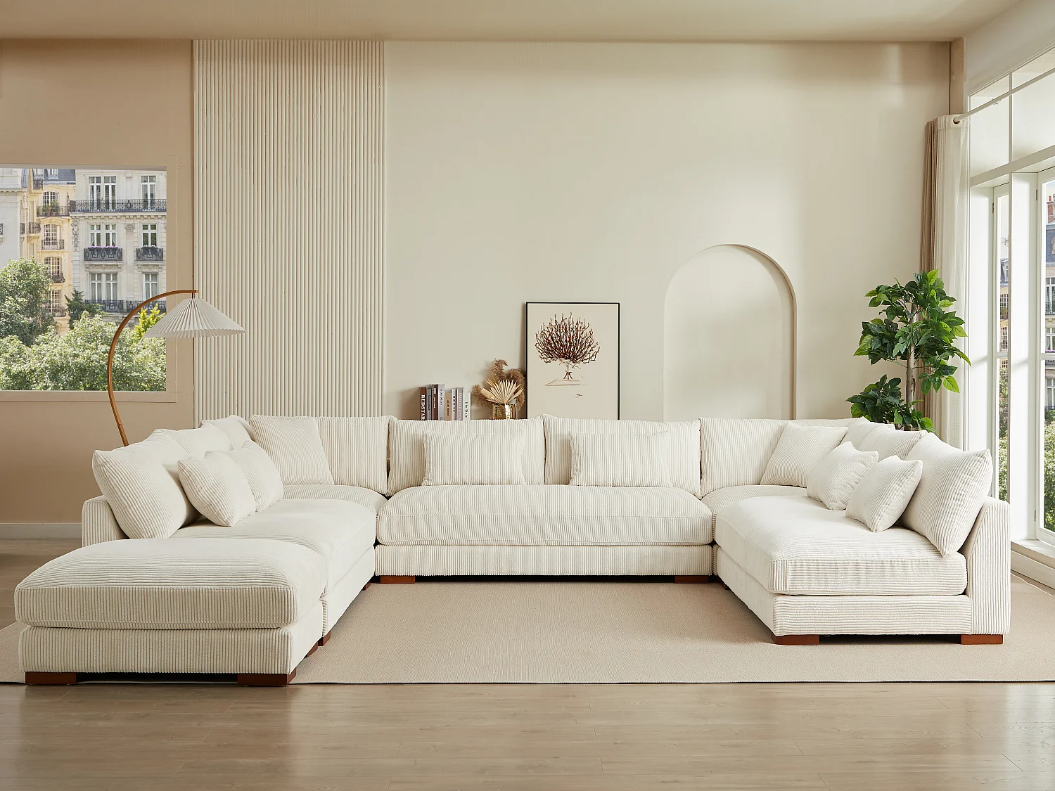 Grand canapé d'angle panoramique et pouf en velours côtelé beige SPERONE de Pascal Morabito