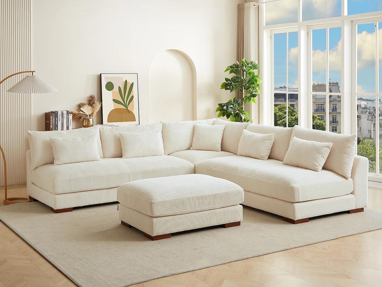 Canapé d'angle réversible et pouf en velours côtelé beige SPERONE de Pascal Morabito