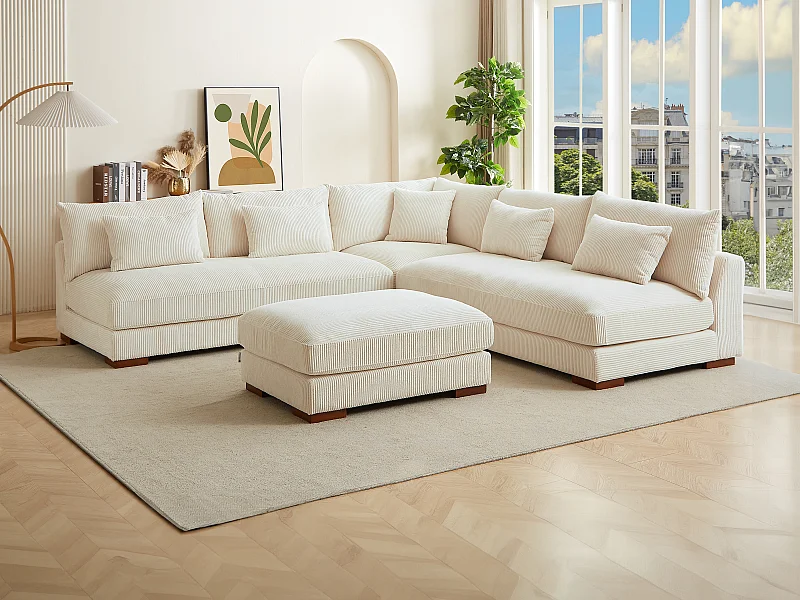 Vendbar hjørnesofa med puff i beige kordfløyel SPERONE av Pascal Morabito