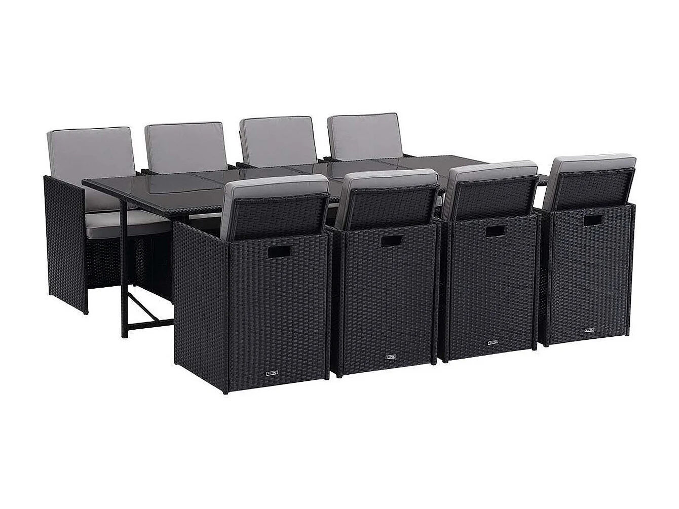 Conjunto de jardim em resina trançada "Chicago 8" - Atlanta - Preto, 1 mesa + 8 cadeiras, tampo de vidro, almofadas incluídas, fácil manutenção