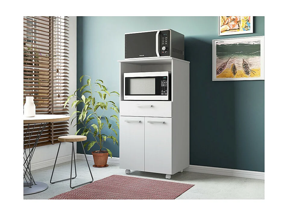 Meuble Micro-Onde Blanc Mobile 2 Portes 1 Tiroir L 61 H 117.5 P 48.8 cm