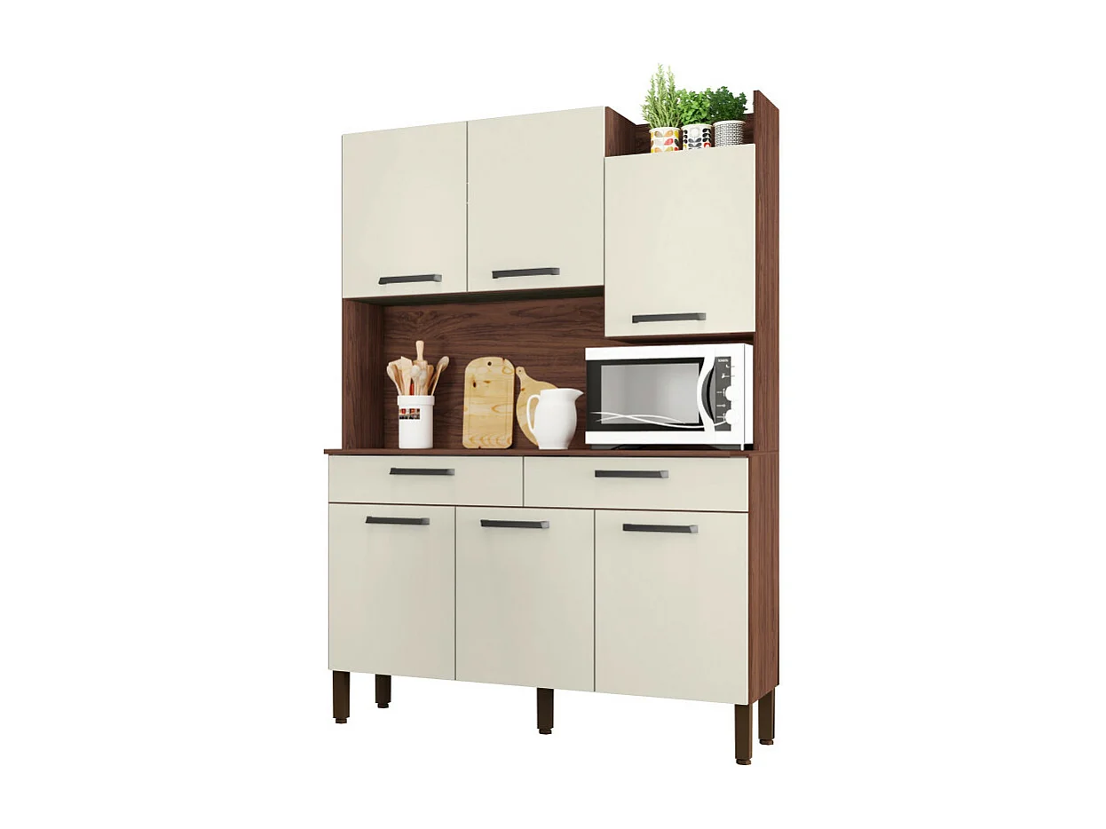 Buffet de Cuisine 6 Portes 2 Tiroirs Noyer Blanc 10 Niches L 132 H 186 P 38.8 cm
