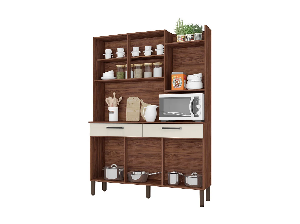 Buffet de Cuisine 6 Portes 2 Tiroirs Noyer Blanc 10 Niches L 132 H 186 P 38.8 cm