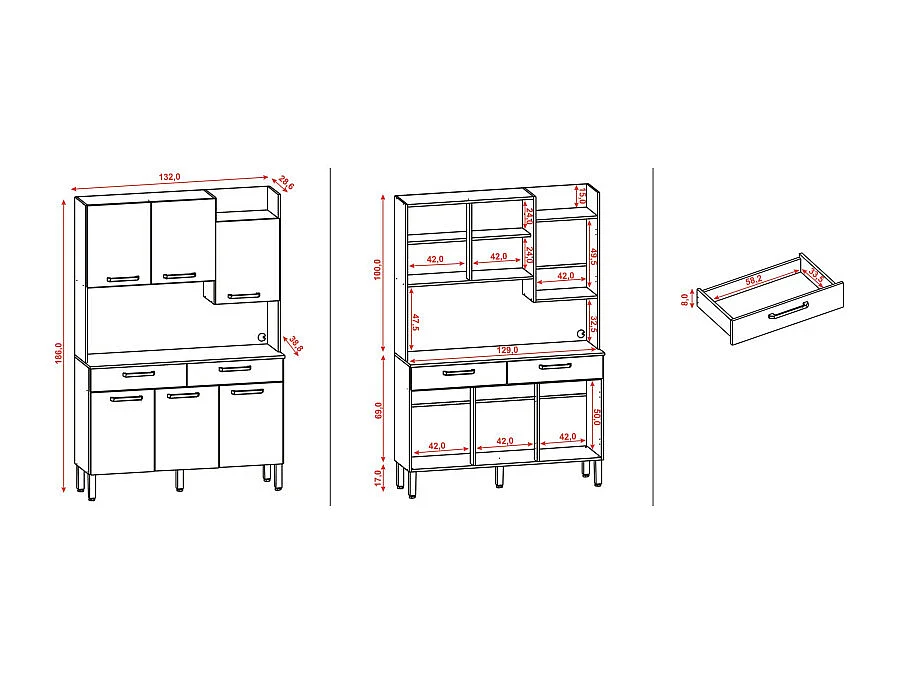 Buffet de Cuisine 6 Portes 2 Tiroirs Noyer Blanc 10 Niches L 132 H 186 P 38.8 cm