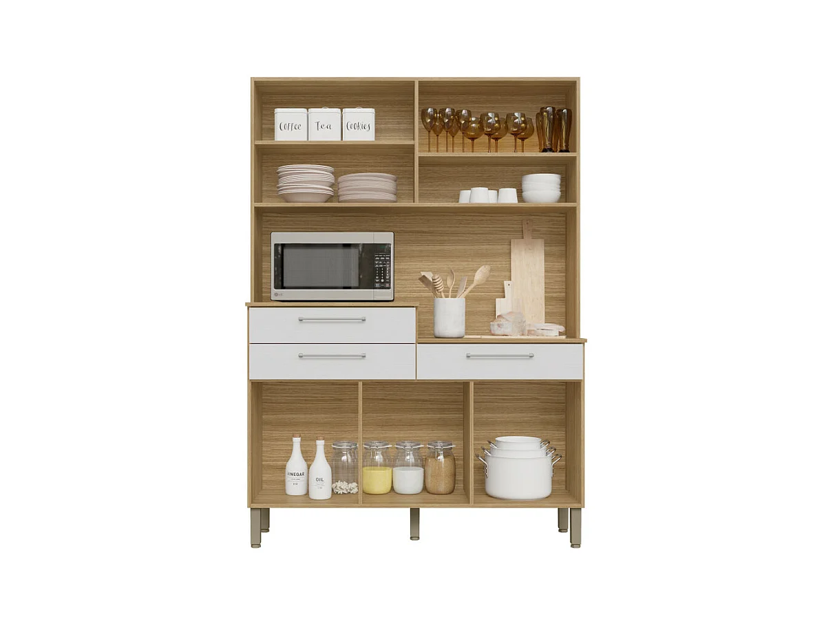 Buffet de Cuisine 6 Portes 3 Tiroirs 9 Niches Chêne Blanc L 138.5 H 195 P 38.8 cm