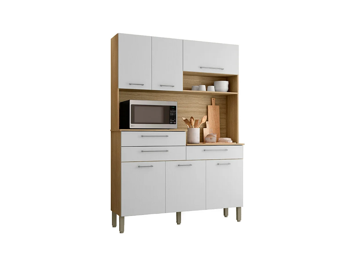 Buffet de Cuisine 6 Portes 3 Tiroirs 9 Niches Chêne Blanc L 138.5 H 195 P 38.8 cm