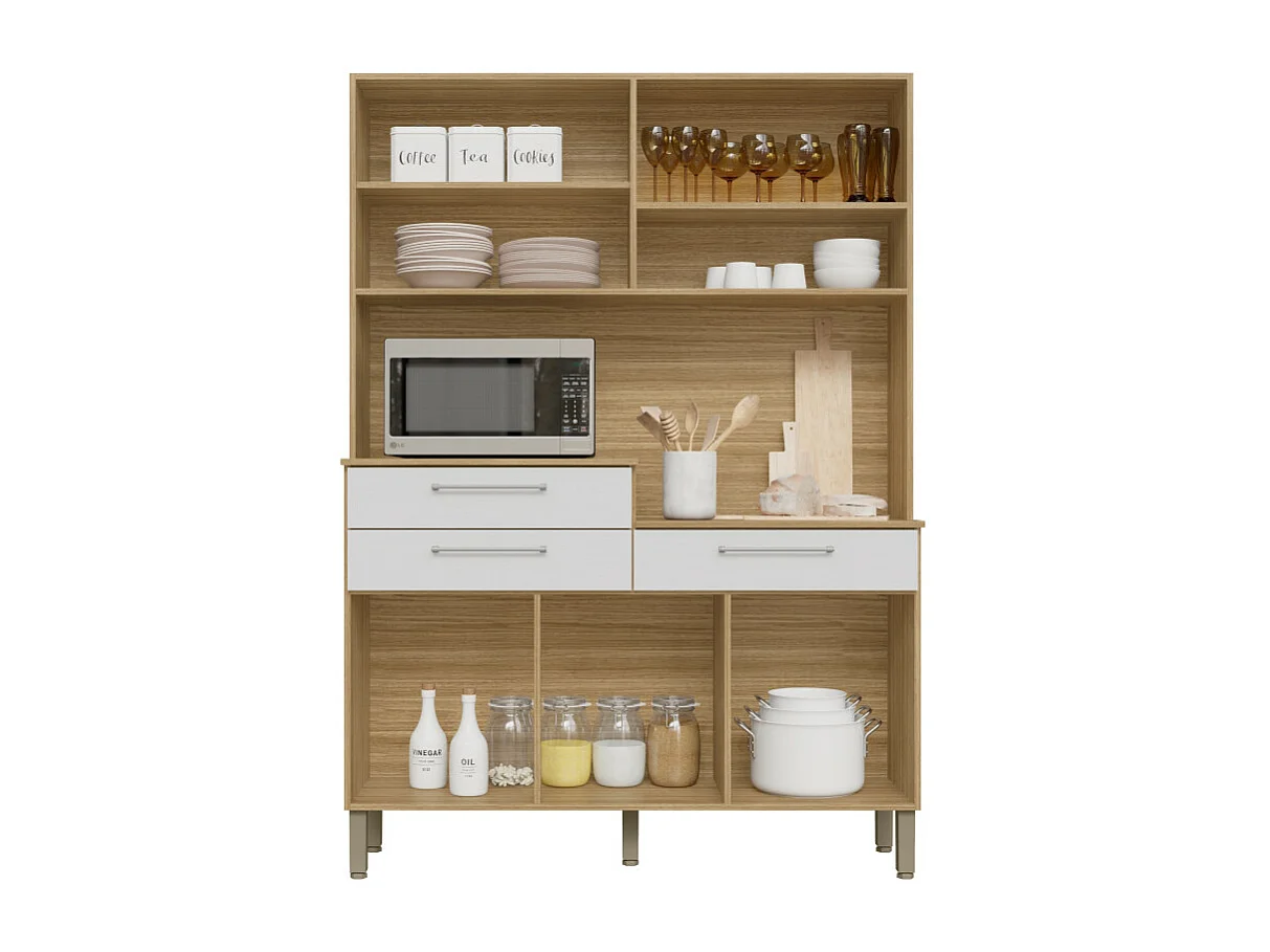 Buffet de Cuisine 6 Portes 3 Tiroirs 9 Niches Chêne Blanc L 138.5 H 195 P 38.8 cm